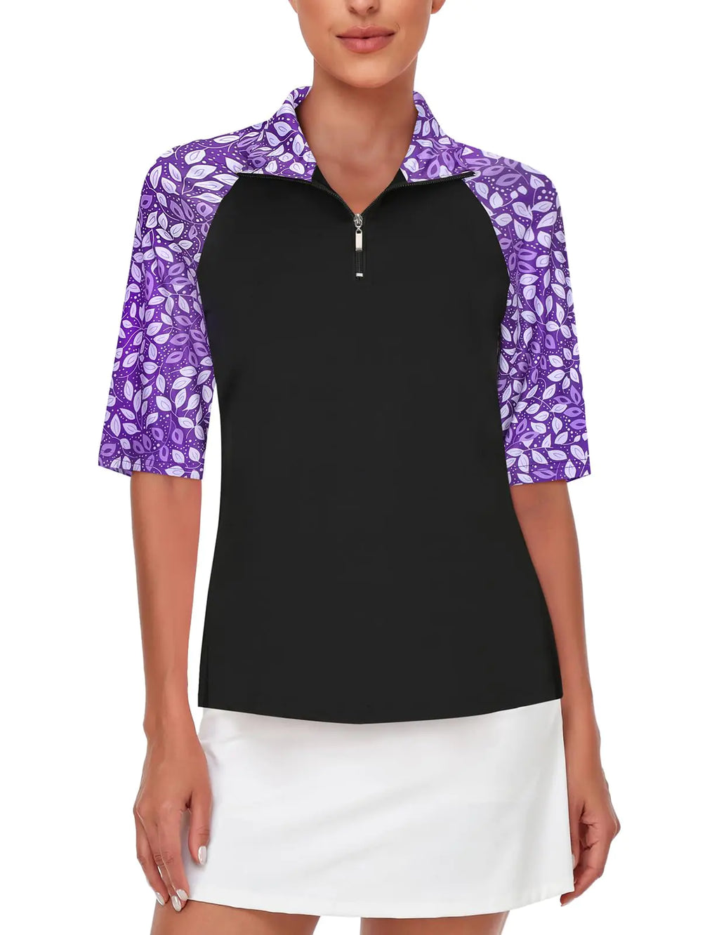 Women’s Elbow Sleeve Golf Polo Shirt  Activewear Top (Purple Leaf)