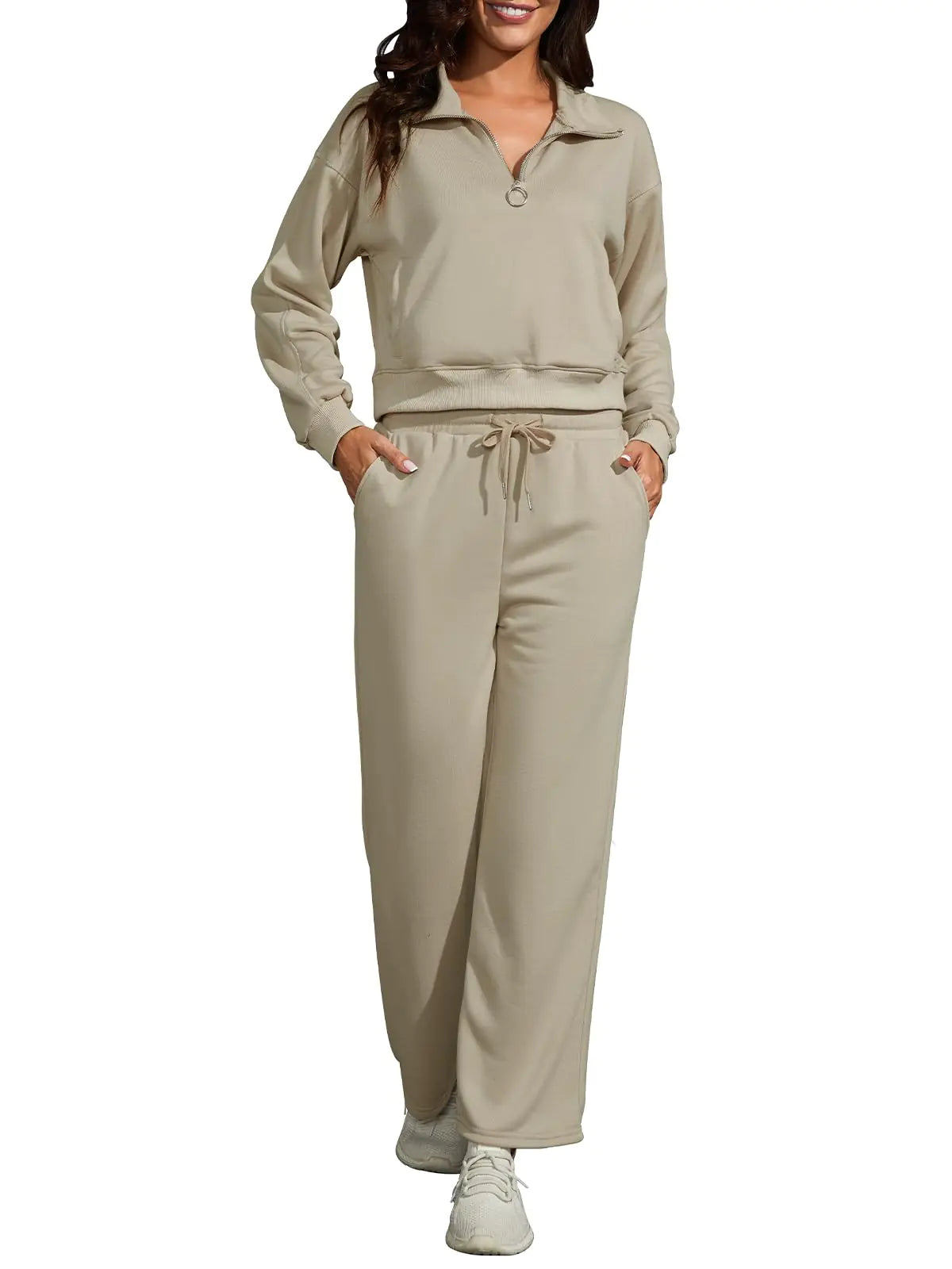 Women’s 2 Piece Sweatsuit Set (1/4 Zip Top + Drawstring Joggers) - Coffee XL