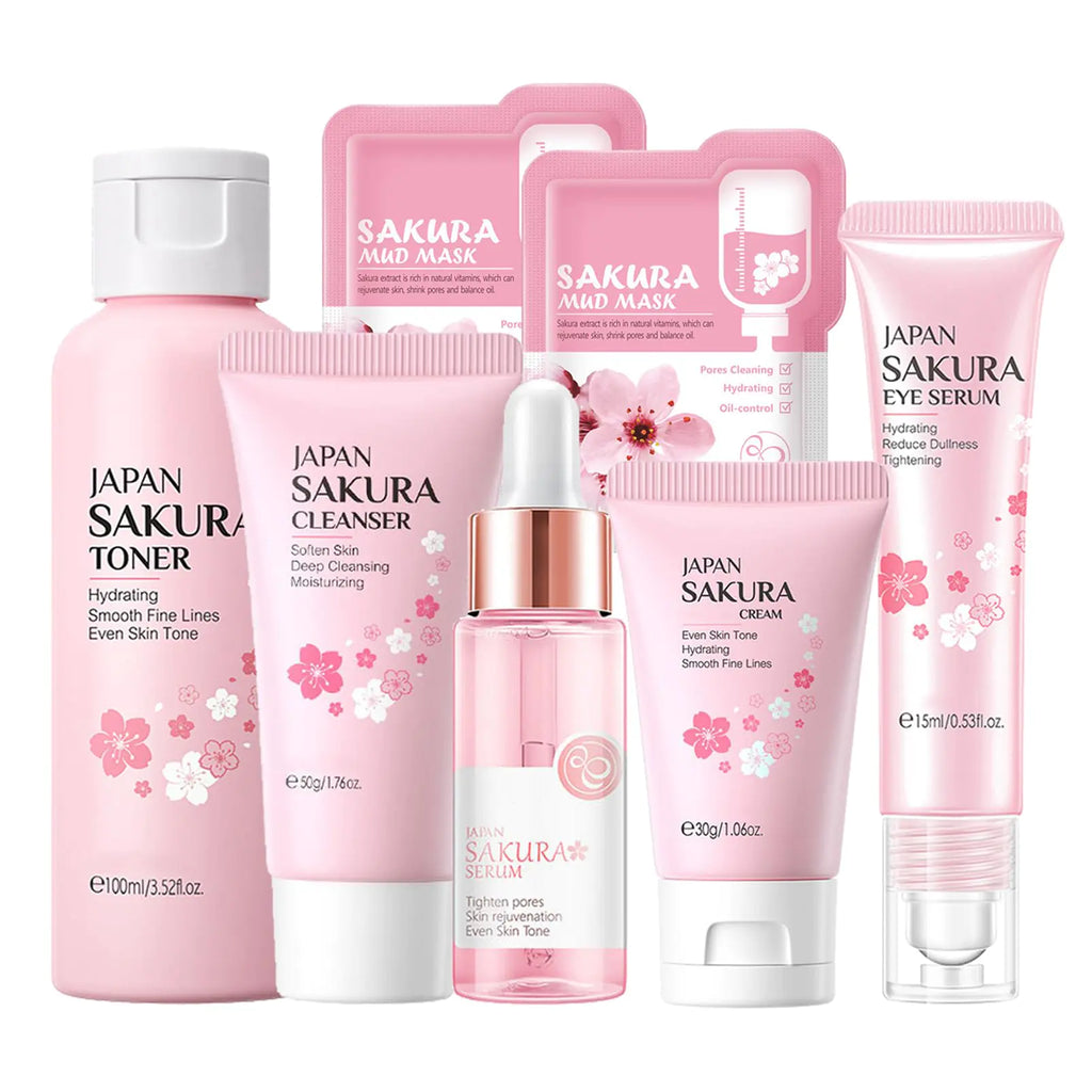 Sakura Korean Skin Care Set - Cleanser, Serum, Cream, Toner, Eye Cream & Mud Mask Kit