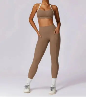 Women’s Colorful Beauty-Back Yoga Set – Strappy Sports Bra & High-Waist Leggings, 2-Piece Workout Outfit