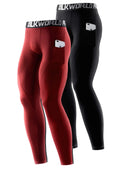 Men’s Compression Pants (2 Pack) – Athletic Running Tights  (Black & Dark Red)