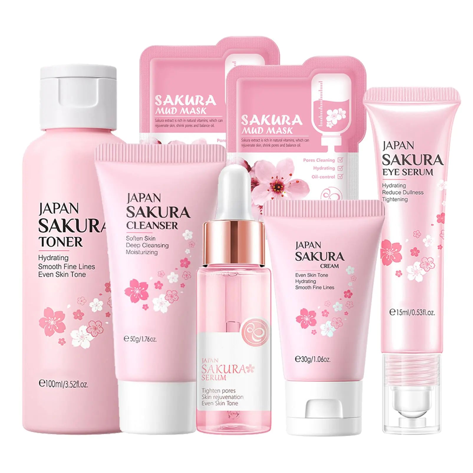 Sakura Korean Skin Care Set - Cleanser, Serum, Cream, Toner, Eye Cream & Mud Mask Kit