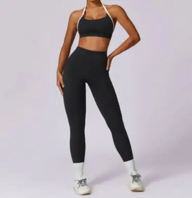 Women’s Colorful Beauty-Back Yoga Set – Strappy Sports Bra & High-Waist Leggings, 2-Piece Workout Outfit