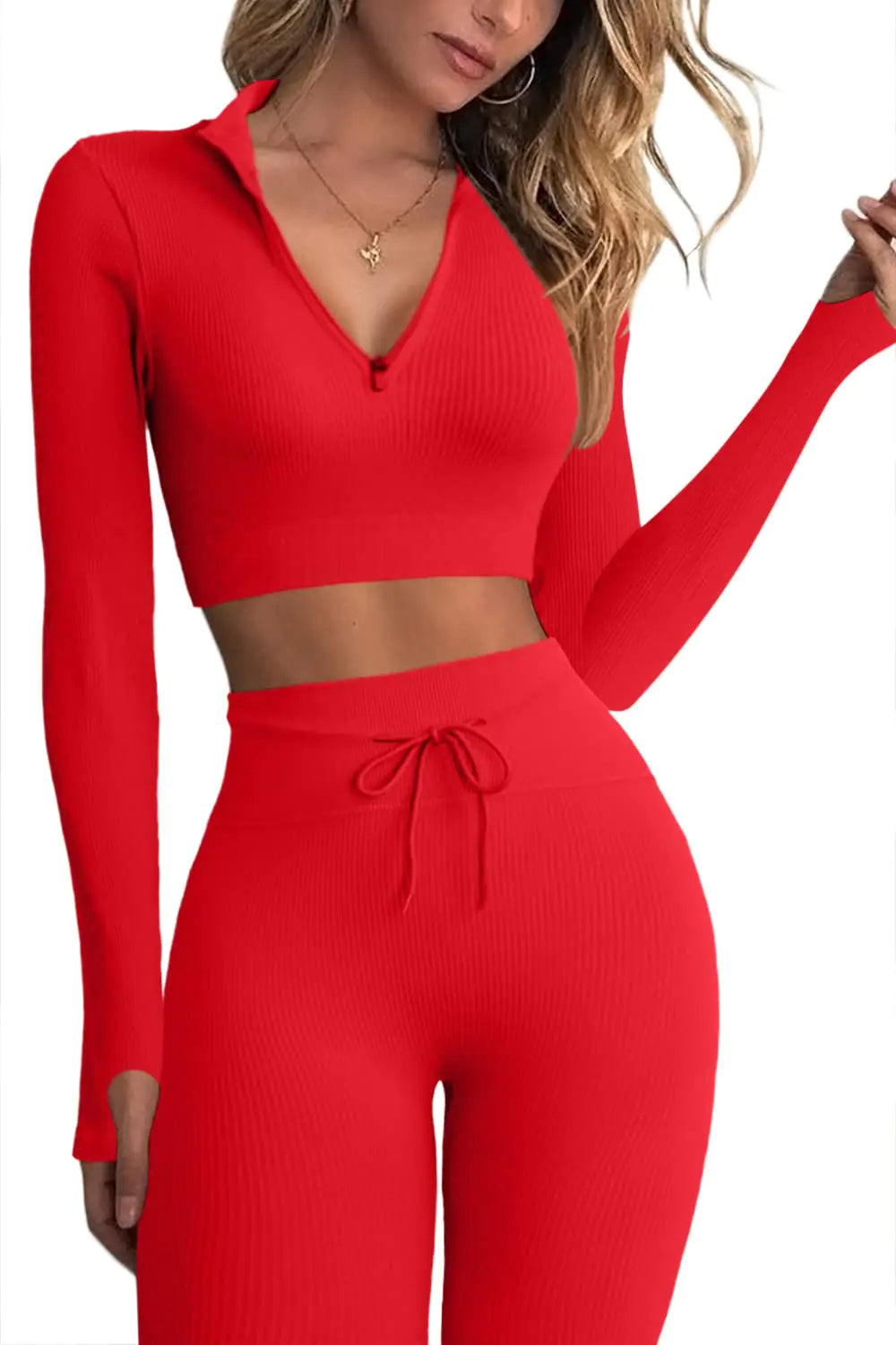 Women’s Seamless Workout Set – 2 Piece Ribbed Long Sleeve Crop Top & High Waist Leggings (Red)