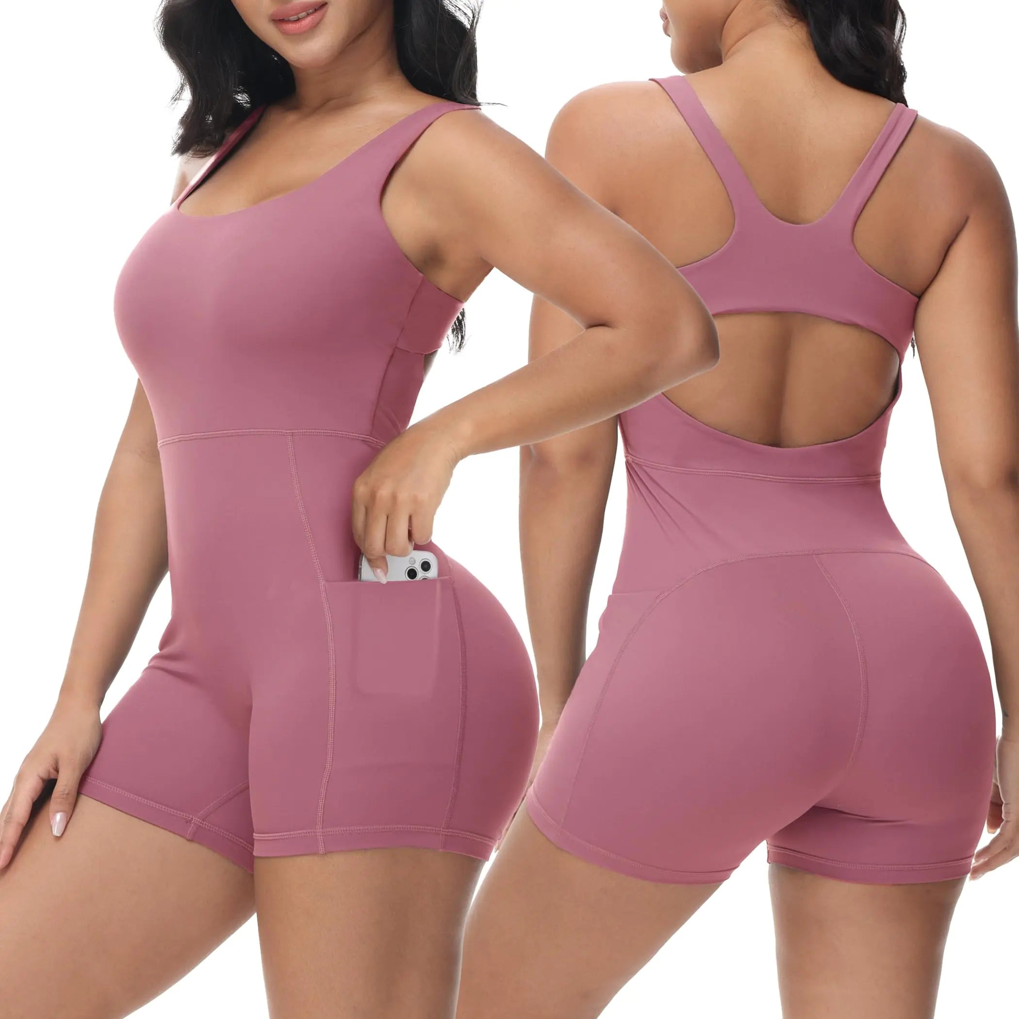 Seamless Athletic Romper for Women – Square Neck, Padded Bra & Pockets (Nylon-Spandex)