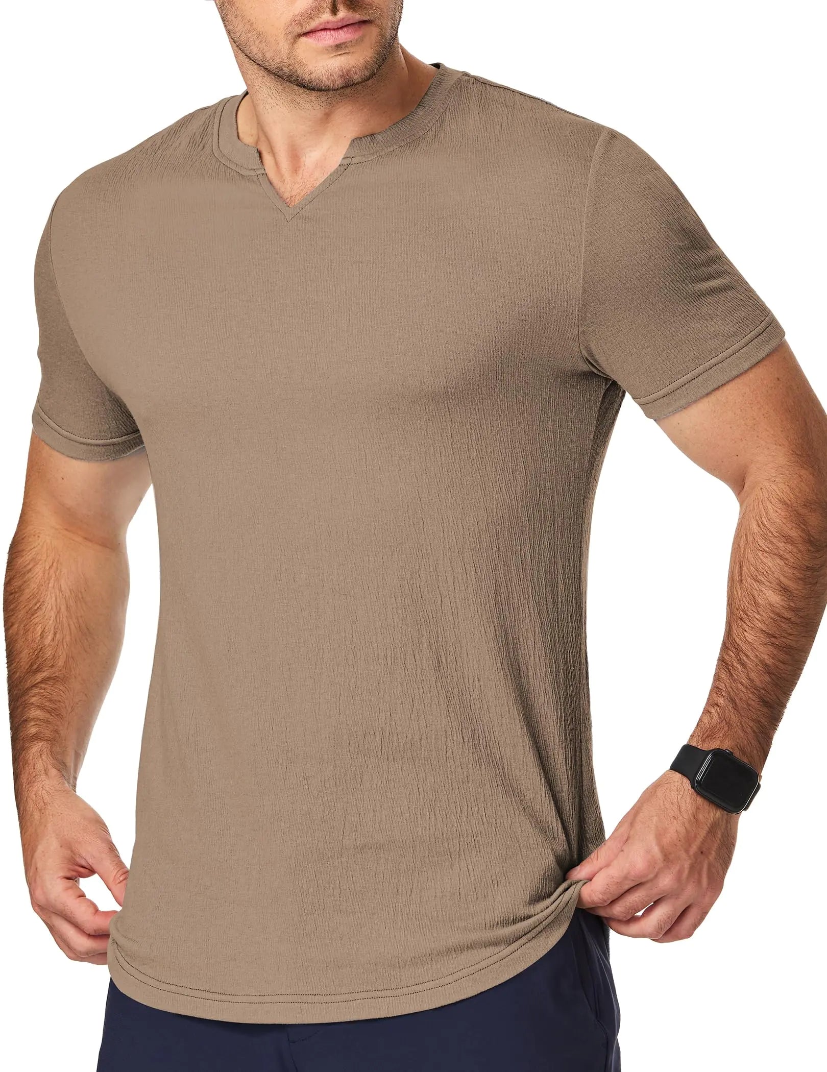 Men’s V-Neck Athletic T-Shirt – Textured Knit, Fitted Muscle Tee with Curved Hem (Khaki M)