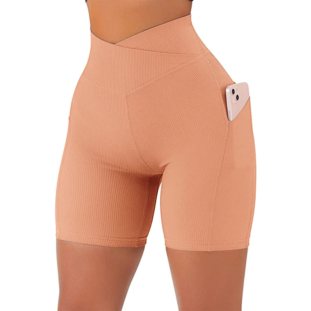 High Waist Crossover Active Shorts for Women – Gym Workout Shorts with Side Pockets
