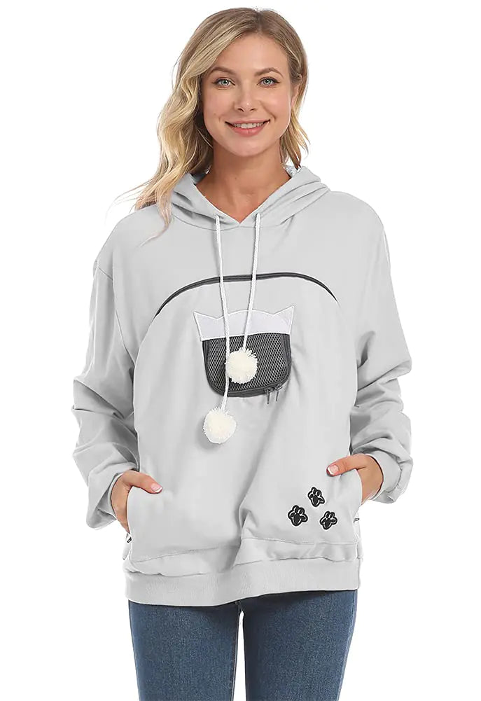 Women’s Pet Carrier Sweatshirt – Puppy & Kitten Holding Hoodie with Front Pouch, Long Sleeve Casual Top (Medium Grey)