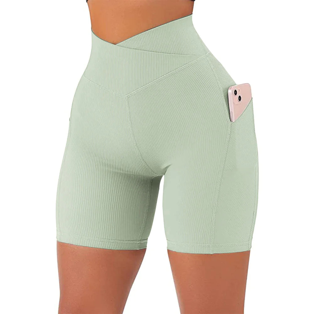 High Waist Crossover Active Shorts for Women – Gym Workout Shorts with Side Pockets