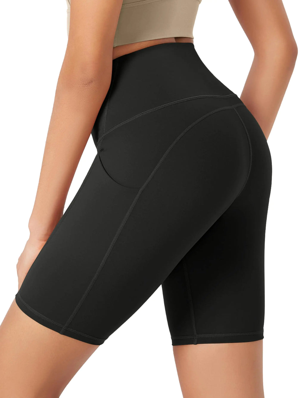 High-Waist Workout Biker Shorts with Pockets – 8” Tummy Control Gym Shorts (Onyx Black Grey)