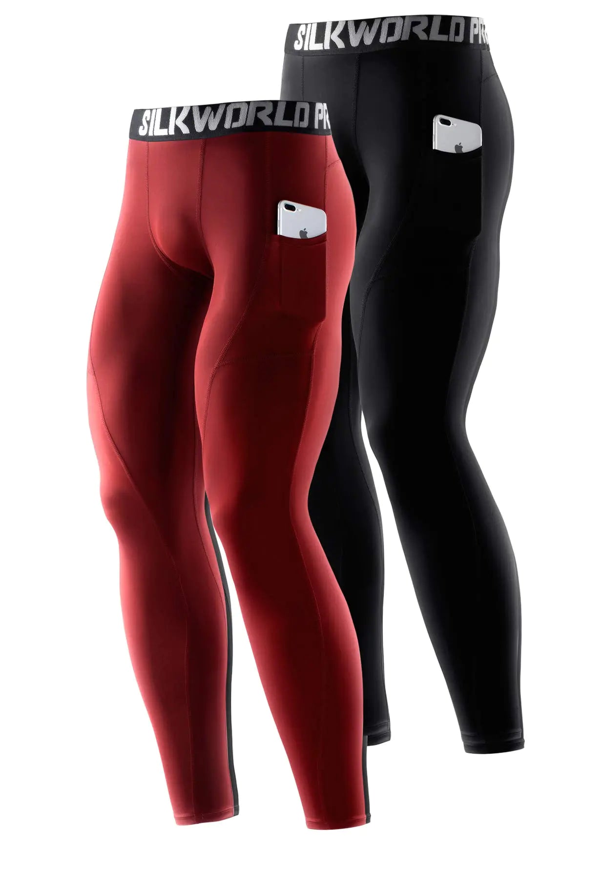 Men’s Compression Pants (2 Pack) – Athletic Running Tights  (Black & Dark Red)