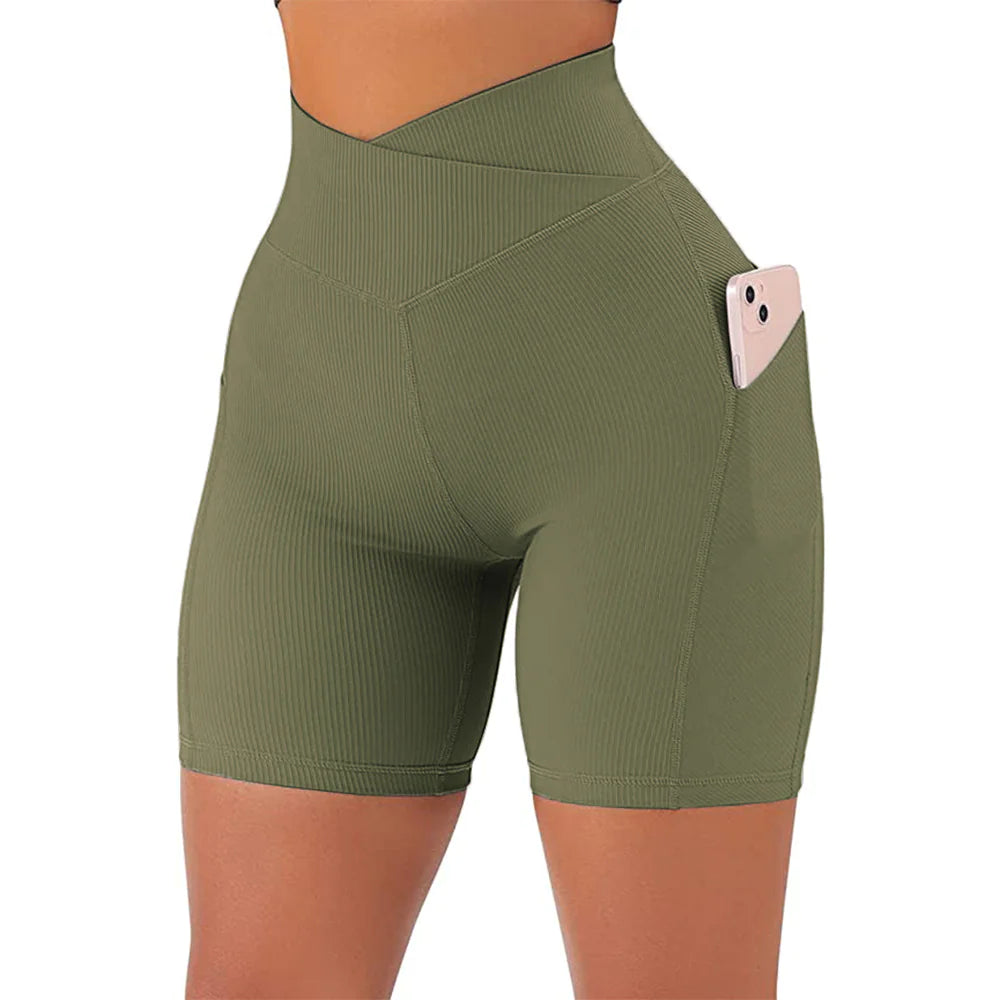 High Waist Crossover Active Shorts for Women – Gym Workout Shorts with Side Pockets