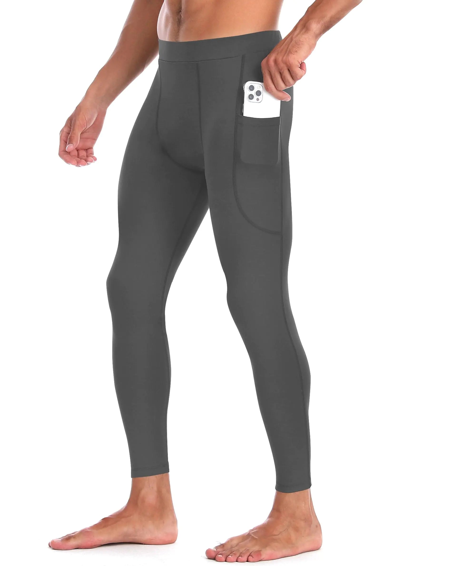 Men’s Compression Pants with Pockets – Cold Weather Athletic Base Layer Legging(Grey, M)s