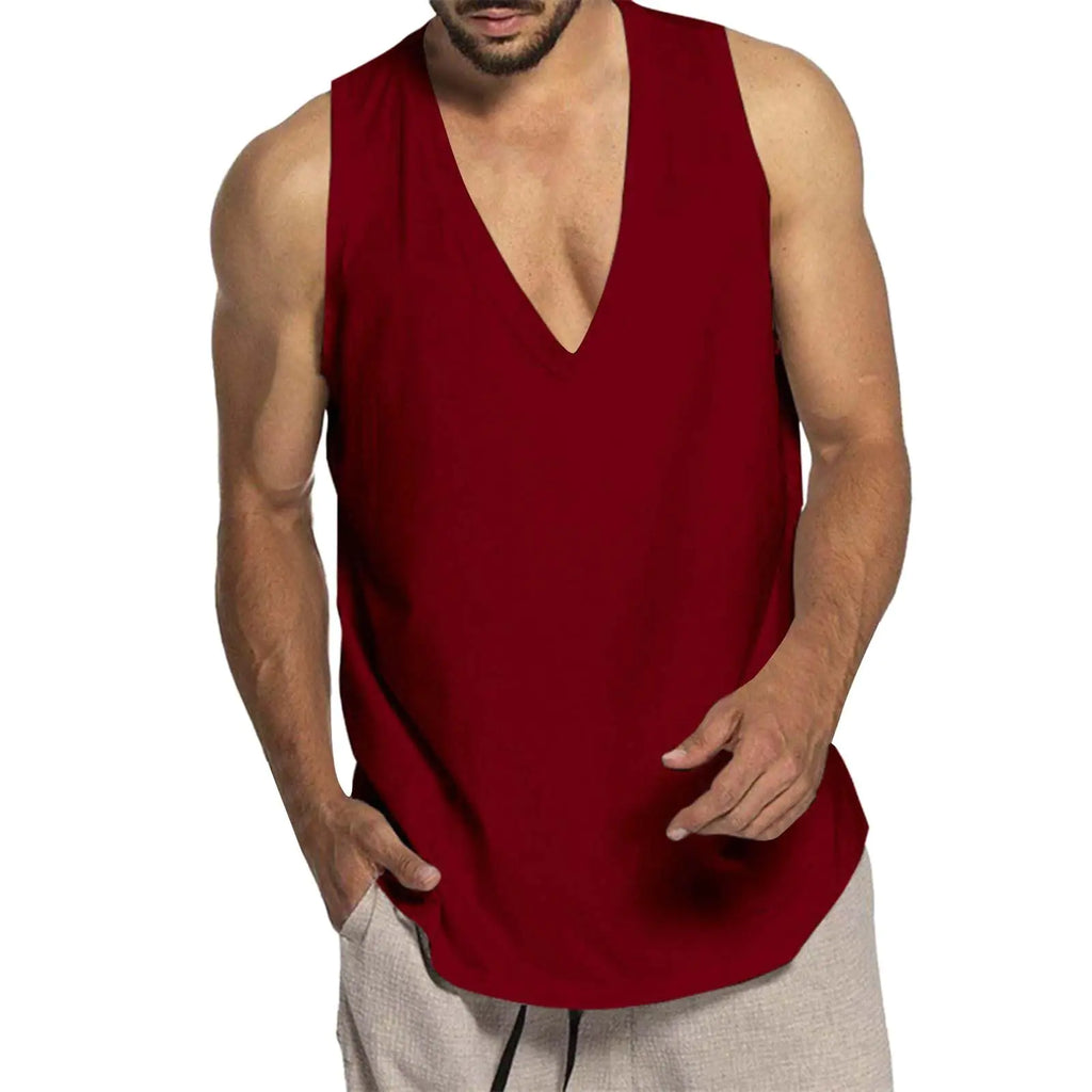 FlexCut Men's Deep V-Neck Gym Tanks (Red Wine M)