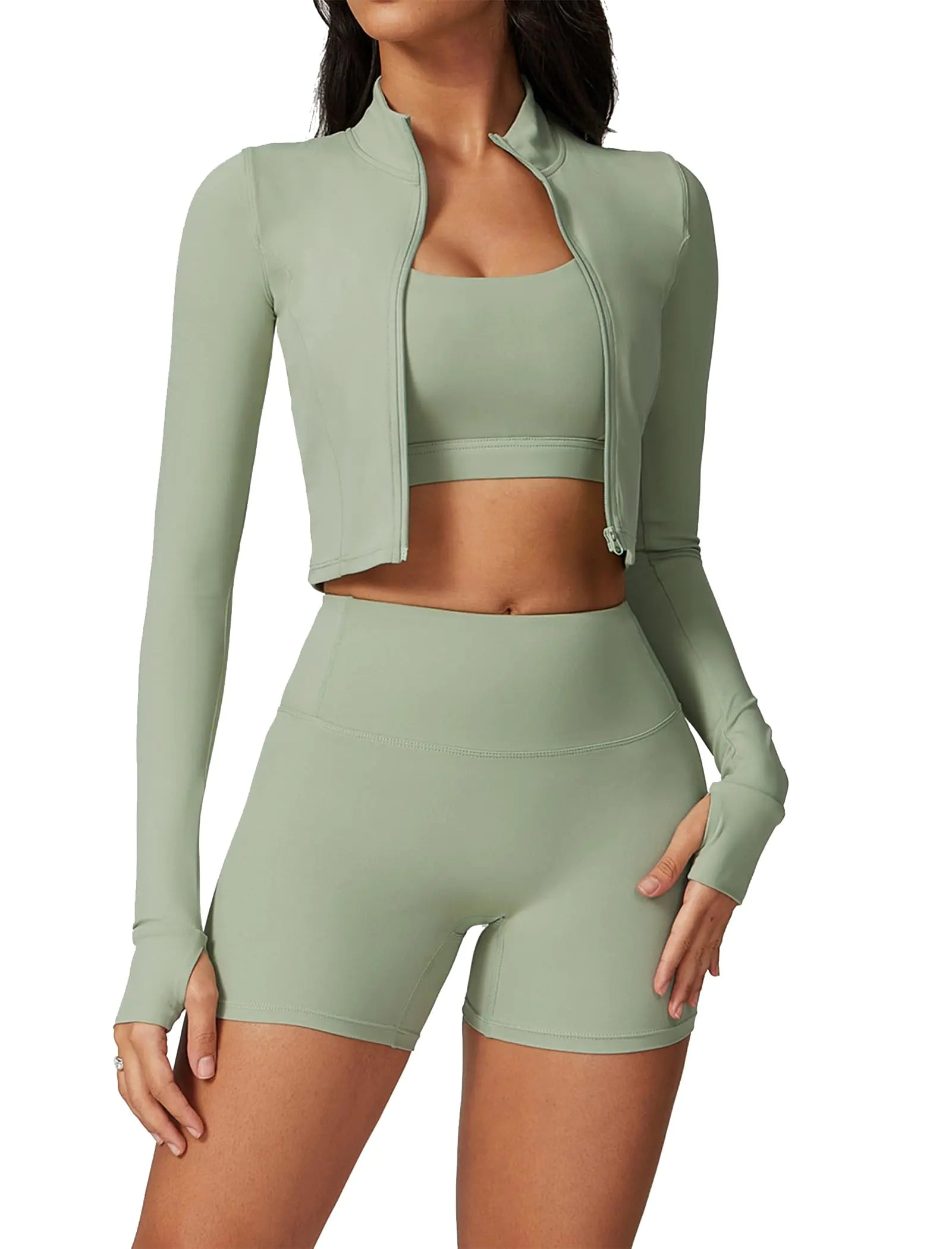Women’s 3-Piece Workout Set –  XL High-Waisted Seamless Shorts, Sports Bra & Crop Jacket Gym Outfit (Green)