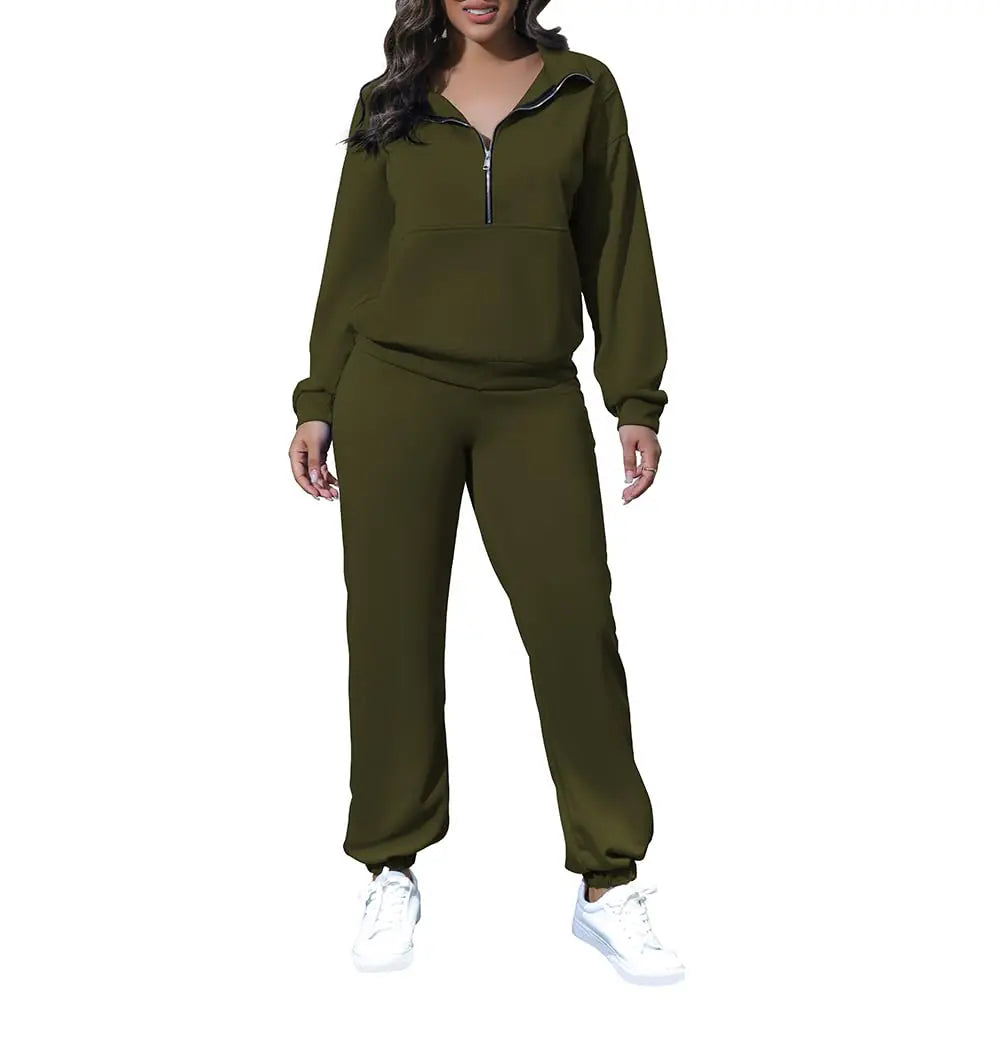 Women’s 2 Piece Sweatsuit Set – Half Zip Sweatshirt + Jogger Sweatpants, Soft Stretch Lounge Tracksuit (Army Green L)