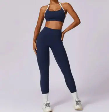 Women’s Colorful Beauty-Back Yoga Set – Strappy Sports Bra & High-Waist Leggings, 2-Piece Workout Outfit