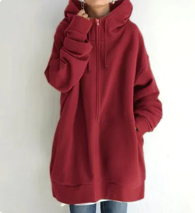 Long Hoodie Fleece Sweater – Oversized Cozy Pullover for Women