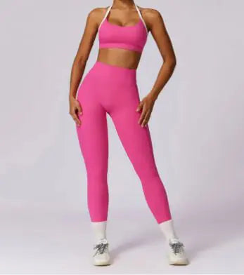 Women’s Colorful Beauty-Back Yoga Set – Strappy Sports Bra & High-Waist Leggings, 2-Piece Workout Outfit